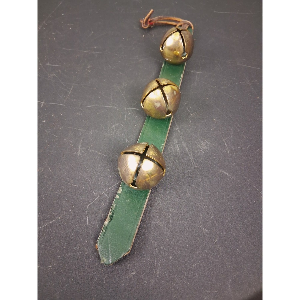 Vintage Sleigh Bells Door Hanger W/ 12" Leather Strap & 3 Bells Horse MBS